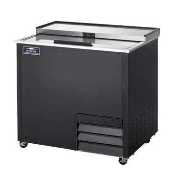 Commercial glass frosters and chillers, black Arctic Air unit, energy-efficient for restaurants and cafes.
