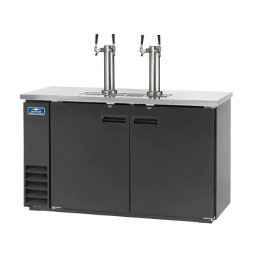 Commercial beer dispensing kegerators with dual taps and sleek black design for optimal performance.