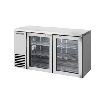 Premium back bar coolers with glass doors and shelves for optimal drink refrigeration.
