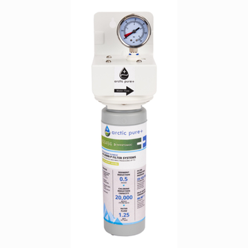 Commercial water filtration systems for ice machines featuring Arctic Pure+ filter with pressure gauge.