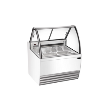 Commercial gelato display cases designed with curved glass and LED lighting for stylish product presentation.