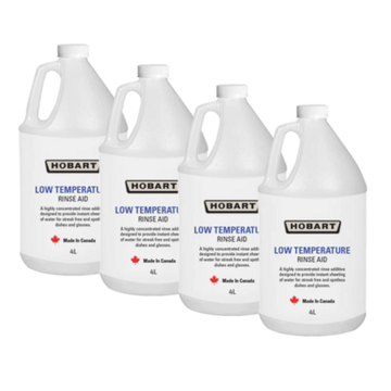 Four bottles of Hobart Low Temperature Rinse Aid, part of the industrial chemicals and parts collection.