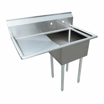 Stainless steel one-compartment kitchen sink with side workspace and legs, ideal for any commercial kitchen.