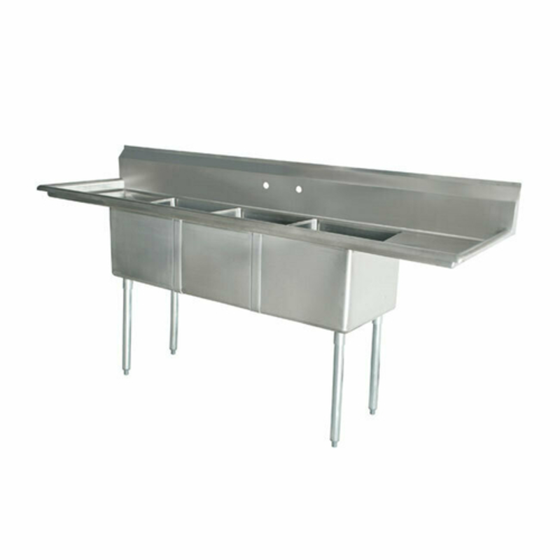 Omcan 43756 Commercial 3-Compartment Stainless Steel Sink with Dual Drainboards