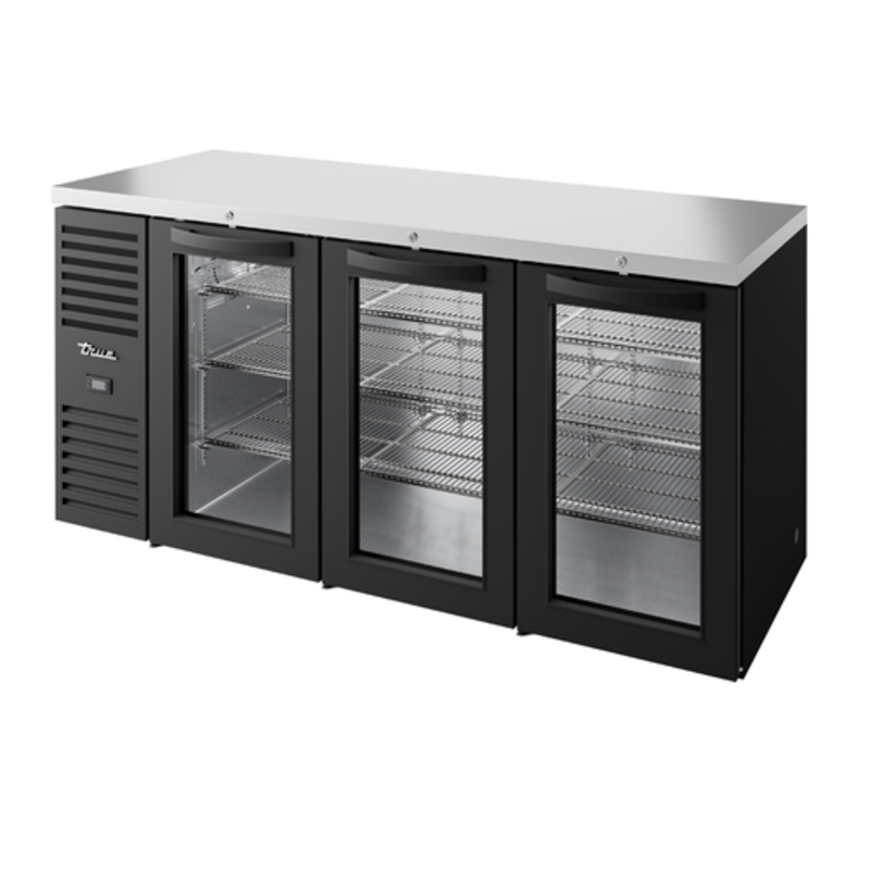 True TBR84-RISZ1-L-B-GGG-1 84-Inch 3-Door Glass Back Bar Refrigerator, Black
