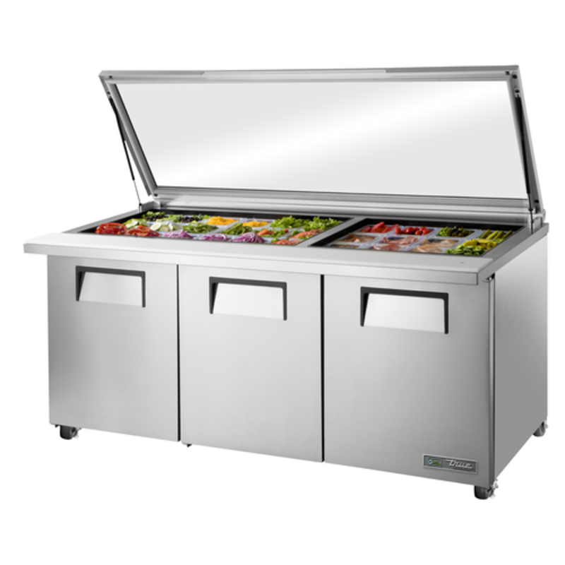 True TSSU-72-30M-B-ST-FGLID-HC 72-Inch Refrigerated Mega Top Sandwich Unit with Flat Glass Lid